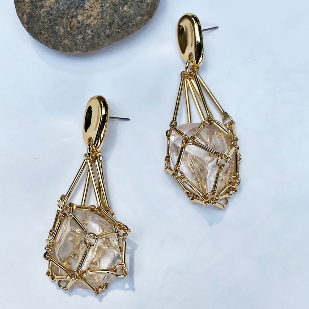 NEW Gold & Crystal Cage Drop Earrings - Picture 10 of 10